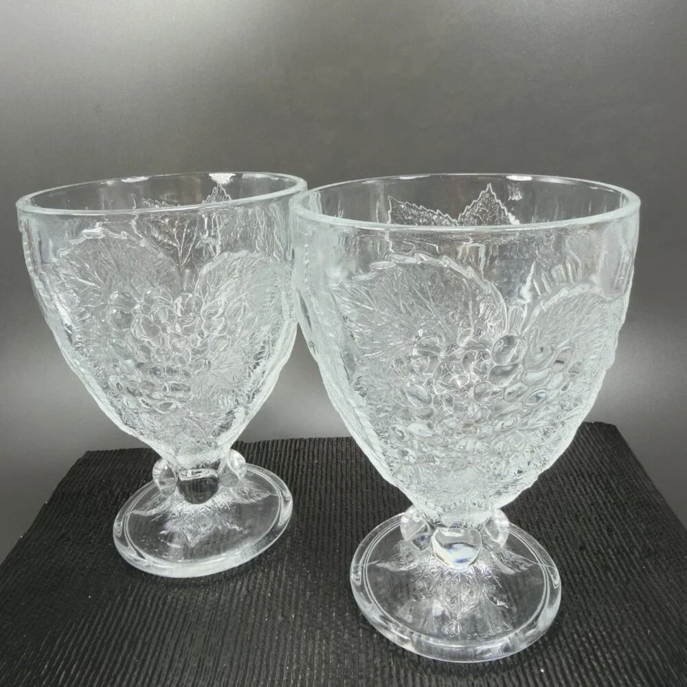 Pasabahce Fruit Embossed Heavy Pressed Glass Goblets Clear Cups Glasses Set‎ 2